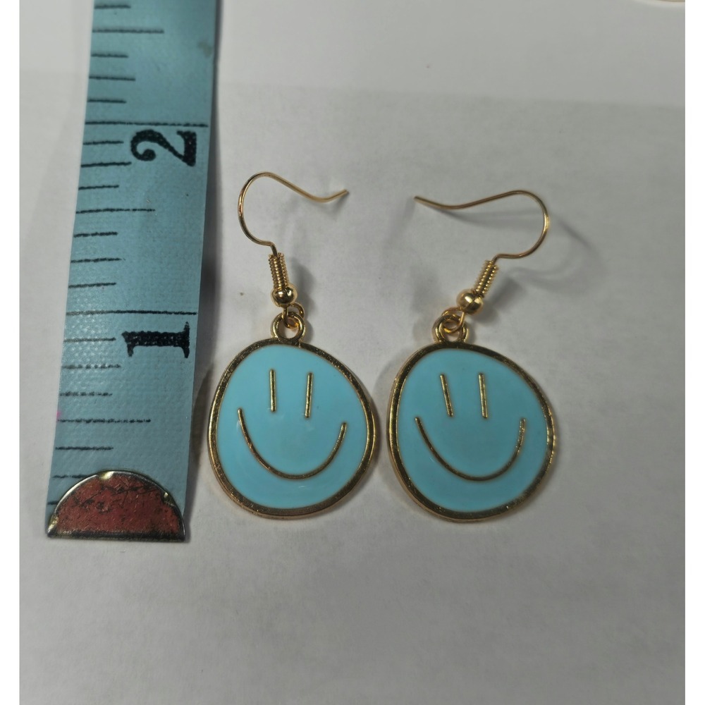 Light Blue Smiley Face Enamel Drop Earrings Gold Tone Happy Face Jewelry - Picture 4 of 4